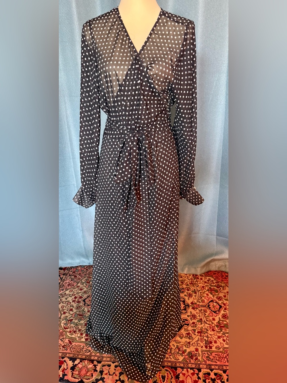 Baacal Black/White Polka Dot Wrap Maxi Dress with Tie Waist and Pearl Buttons